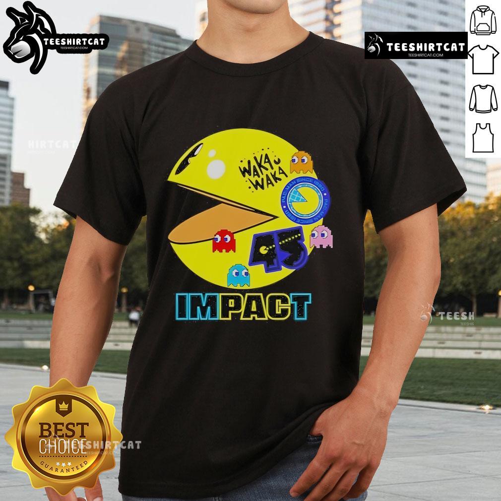 Official Waka Waka Pac Man 45Th Anniversary T Shirt Alt Text: Official Waka Waka Pac Man 45th Anniversary T-Shirt featuring iconic game graphics in vibrant colors for retro fans.