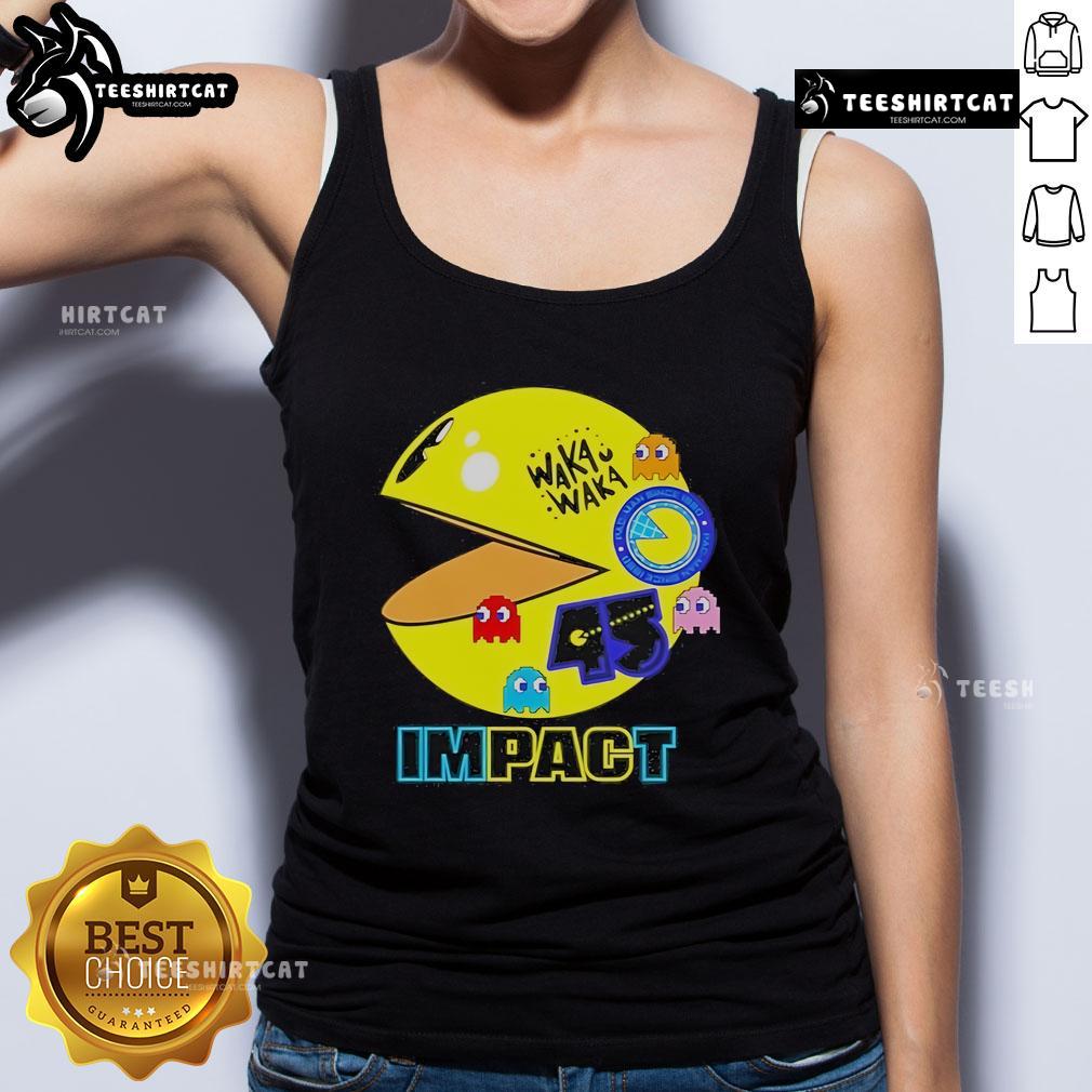 Official Waka Waka Pac Man 45Th Anniversary Tank Top Alt Text: Official Waka Waka Pac-Man 45th Anniversary tank top featuring iconic game graphics and vibrant colors.