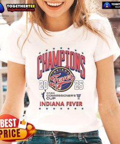 Official WNBA Commissioner's Cup 2025 Champion Indiana Fever ladies tee showcasing team logo and vibrant design.
