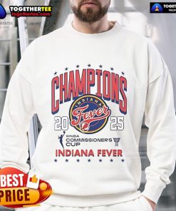 Official WNBA Commissioner's Cup 2025 Champion Indiana Fever sweatshirt showcasing team logo and vibrant colors.