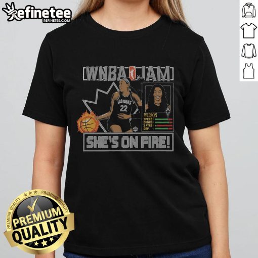 Official WNBA Jam Aces Aja Wilson ladies tee featuring vibrant graphics and team colors, perfect for fans and collectors.