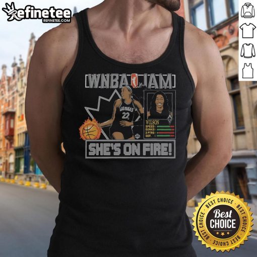 Alt Text: Official WNBA Jam Aces Aja Wilson tank top featuring team colors and logo, perfect for fans and sports enthusiasts.