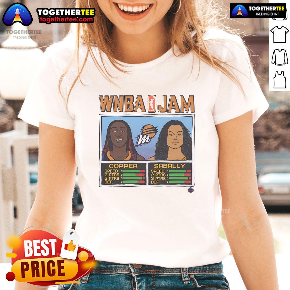 Official Wnba Jam Mercury Copper And Sabally Ladies Tee Official WNBA Jam Mercury Copper and Sabally Ladies Tee featuring team colors and logo for women's basketball fans.