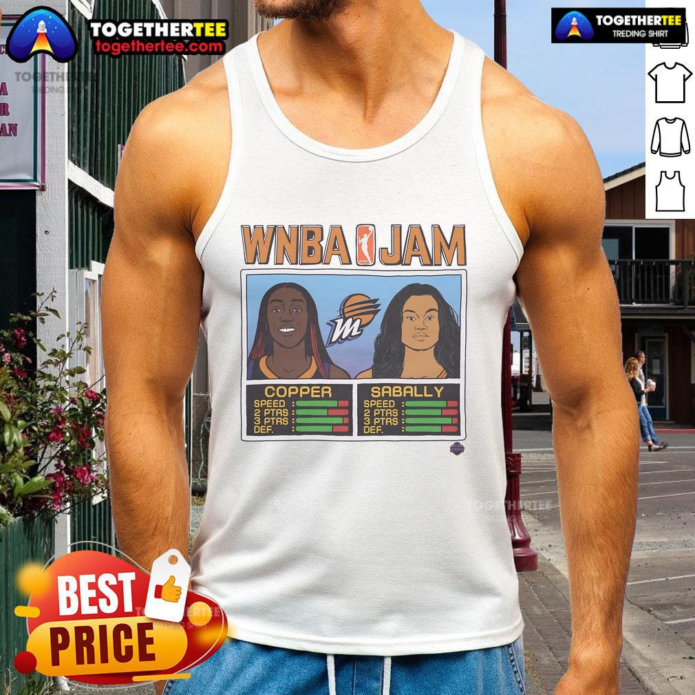 Official Wnba Jam Mercury Copper And Sabally Tank Top Alt Text: Official WNBA Jam Mercury Copper and Sabally tank top featuring vibrant team colors and player graphics.