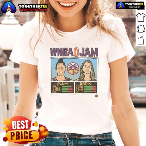 Alt Text: Official WNBA Jam Sparks tee featuring players Plum and Brink, perfect for fans of womens basketball.