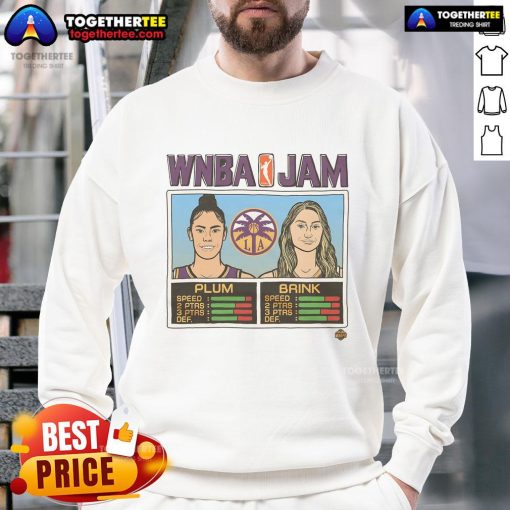 Official WNBA Jam sweatshirt featuring Sparks players Plum and Brink in vibrant team colors, perfect for fans.