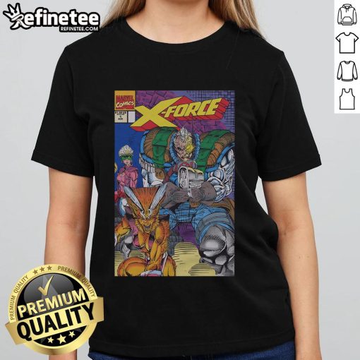 Official X-Force 1991 Issue Ladies Tee featuring vibrant comic book graphics and stylish fit for fans of vintage comics.