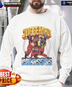 Official X-Men Juggernaut vs Colossus sweatshirt featuring vibrant comic art of the iconic Marvel characters.