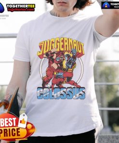 Official X-Men Juggernaut Vs Colossus T-Shirt featuring vibrant graphics of iconic Marvel characters in action.