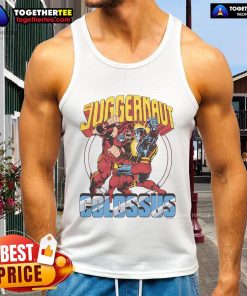 Official X-Men Juggernaut vs Colossus tank top featuring vibrant comic art of the iconic Marvel characters.