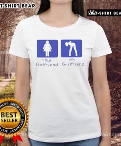 Official Your Girlfriend Vs My Girlfriend Ladies Tee featuring a stylish design for casual wear.