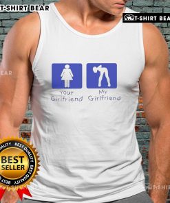 Official Your Girlfriend Vs My Girlfriend tank top design featuring playful graphics and vibrant colors for casual wear.