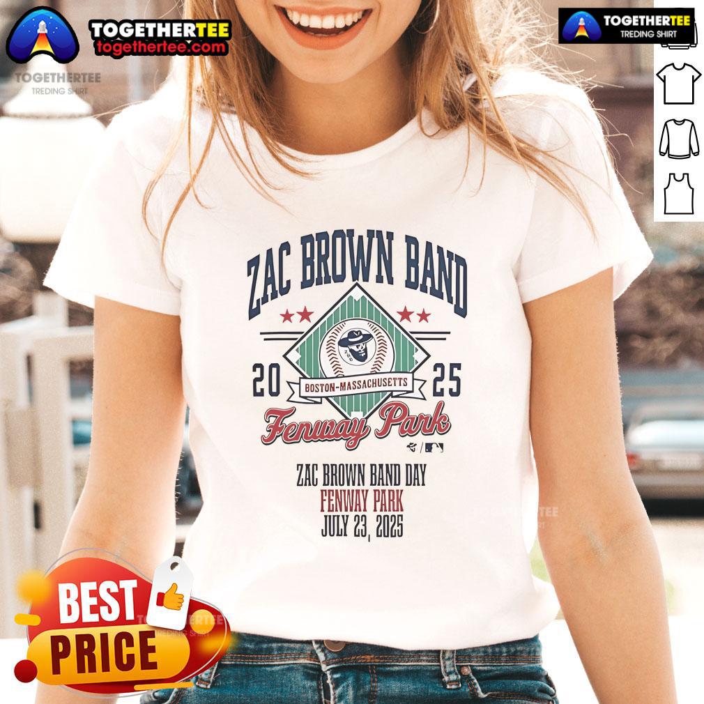 Official Zac Brown Band Fenway Park Boston Ma 2025 Ladies Tee Zac Brown Band ladies tee from their 2025 concert at Fenway Park, Boston MA, featuring vibrant graphics and a stylish design.