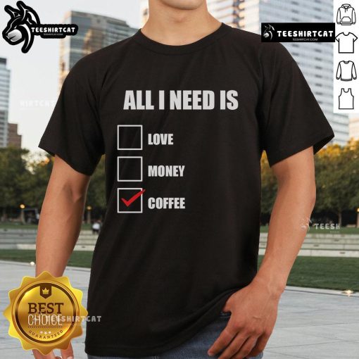 Original All I Need Is Coffee T-Shirt design featuring a bold coffee-themed graphic on a stylish tee.
