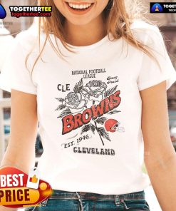 Alt Text: Original Cleveland Browns Rose Ladies Tee, National Football League, established 1946, stylish women's fan apparel.