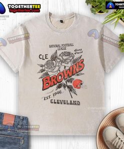 Alt Text: Original Cleveland Browns rose washed t-shirt, celebrating the National Football League since 1946, stylish and comfortable.
