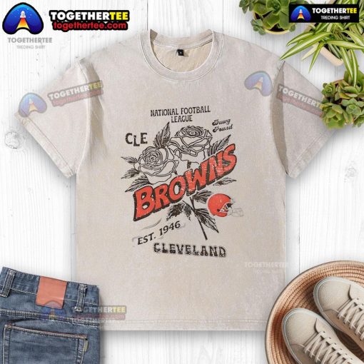 Alt Text: Original Cleveland Browns rose washed t-shirt, celebrating the National Football League since 1946, stylish and comfortable.