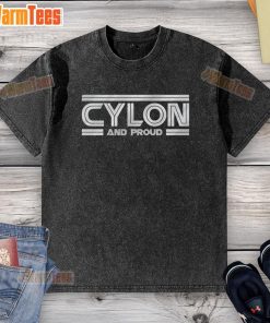 Original Cylon and Proud washed t-shirt featuring a retro design for fans of Battlestar Galactica merchandise.