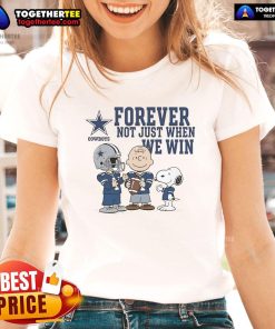 Alt Text: Original Dallas Cowboys Charlie Brown Snoopy tee featuring 'Cowboys Forever' slogan for ladies.