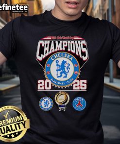 Alt Text: 2025 Chelsea FC T-Shirt celebrating Original FIFA Club World Cup Champions with vibrant design and club logo.