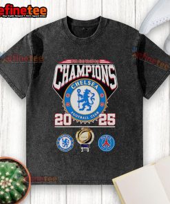 Alt Text: Original FIFA Club World Cup Champions 2025 Chelsea Football Club washed t-shirt featuring club logo and colors.