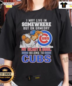 Chicago Cubs mascot ladies tee celebrating devotion to the team on game day, perfect for passionate fans.