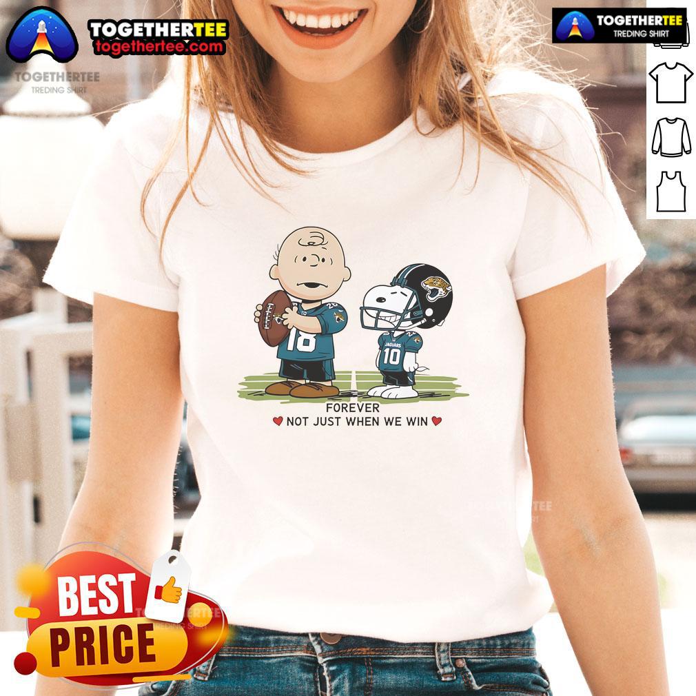Original Jacksonville Jaguars Charlie Brown Snoopy Jaguars Forever Not Just When We Win Ladies-Tee Alt Text: Original Jacksonville Jaguars Charlie Brown Snoopy tee for ladies, featuring 'Jaguars Forever' slogan in vibrant design.