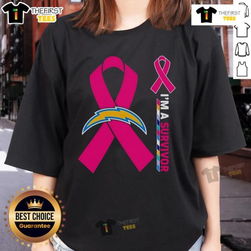 Original Los Angeles Chargers X Cancer Awareness 'I'm A Survivor' Ladies Tee showcasing a vibrant design for supporters.