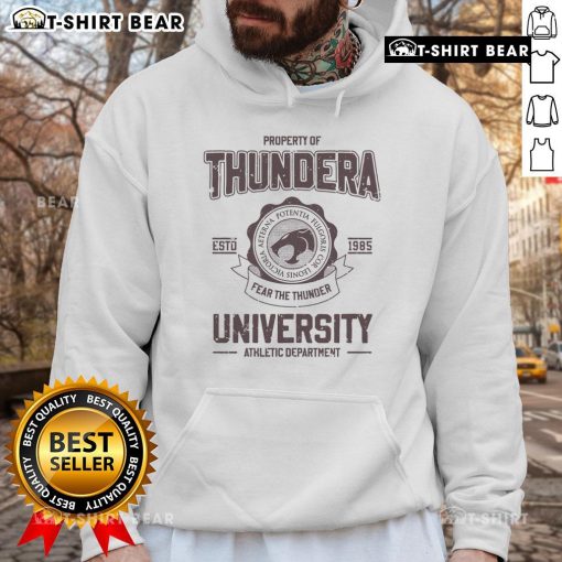 Alt Text: Thundera University Athletic Department hoodie est. 1985, featuring original design and logo for sports enthusiasts.