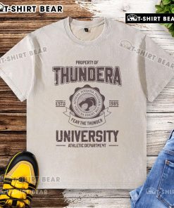 Original Property of Thundera University Athletic Department Estd 1985 washed t-shirt in navy blue, casual style.
