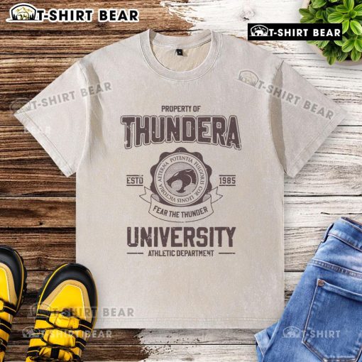 Original Property of Thundera University Athletic Department Estd 1985 washed t-shirt in navy blue, casual style.