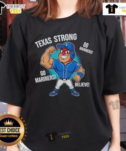 Alt Text: Original Seattle Mariners Texas Strong Mariner Moose mascot cartoon on a women's tee shirt design.