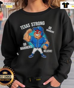 Alt Text: Original Seattle Mariners Texas Strong Mariner Moose mascot cartoon sweatshirt featuring vibrant colors and playful design.