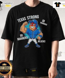 Alt Text: Original Seattle Mariners Texas Strong Mariner Moose mascot cartoon T-shirt design featuring vibrant colors and playful graphics.
