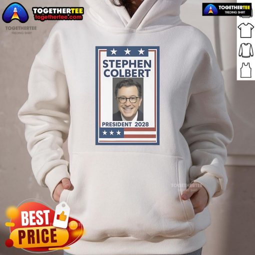 Original Stephen Colbert President 2028 Hoodie featuring bold graphics and a stylish design for fans of the comedian.