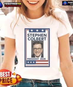 Original Stephen Colbert President 2028 Ladies Tee featuring a stylish design celebrating Colbert's presidential campaign.
