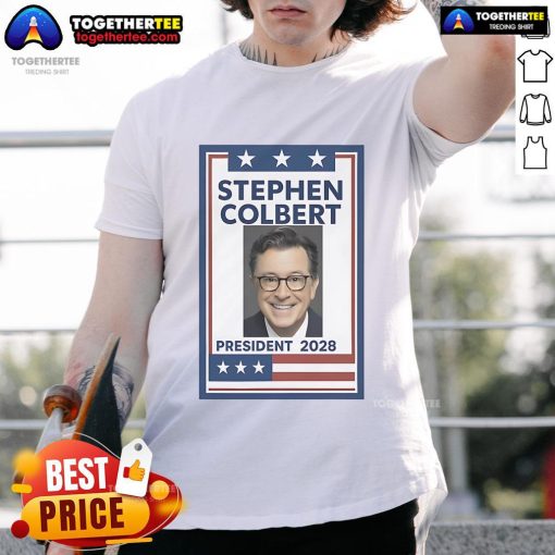 Original Stephen Colbert President 2028 T-Shirt featuring a bold graphic design and vibrant colors for fans of comedy and politics.