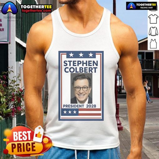 Original Stephen Colbert President 2028 tank top featuring a bold design for fans of comedy and political satire.
