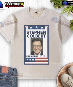 Original Stephen Colbert President 2028 washed t-shirt featuring a vibrant design for fans of the comedian and politics.