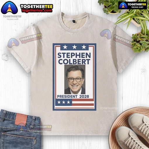 Original Stephen Colbert President 2028 washed t-shirt featuring a vibrant design for fans of the comedian and politics.
