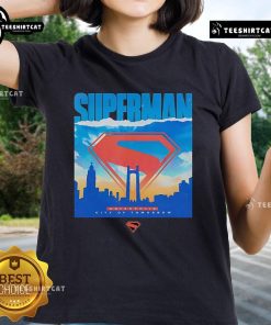 Alt Text: Original Superman Metropolis City of Tomorrow ladies tee featuring iconic superhero graphics and vibrant colors.