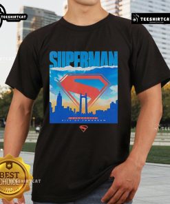 Alt Text: Original Superman Metropolis City Of Tomorrow T-Shirt featuring iconic Superman design and vibrant city skyline print.