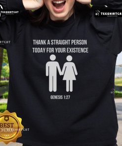 Alt Text: Original Thank A Straight Person Today sweatshirt featuring Genesis 1:27 design in vibrant colors.