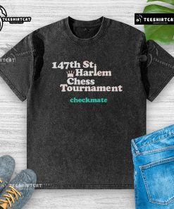 Premium 147th St Harlem Chess Tournament Checkmate Washed T-Shirt featuring a stylish chess design for chess enthusiasts.