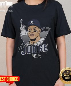Premium Aaron Judge New York Yankees player caricature on a ladies tee, showcasing vibrant design and team spirit.