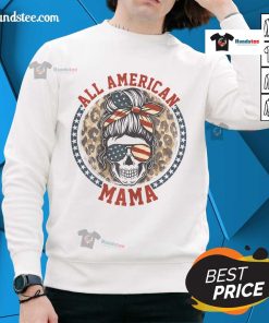 Premium All American Mama Leopard Messy Bun Mom 4th of July Skull Sweatshirt featuring a stylish design for patriotic moms.