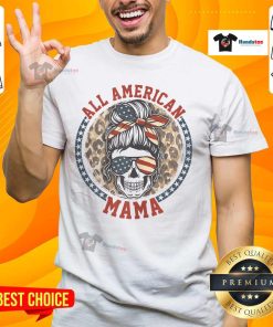 Premium All American Mama Leopard Messy Bun Mom 4th of July Skull T-Shirt featuring a stylish design for festive celebrations.