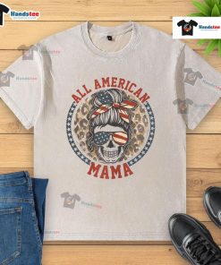 Premium All American Mama leopard messy bun mom 4th of July skull washed t-shirt design for patriotic celebrations.