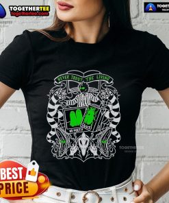 Premium Beetlejuice Never Trust The Living Ladies Tee featuring iconic movie graphics and vibrant colors.