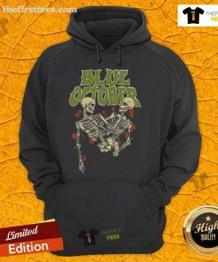 Premium Blue October Skeleton Buddies Hoodie featuring playful skeleton graphics, perfect for Halloween fashion.